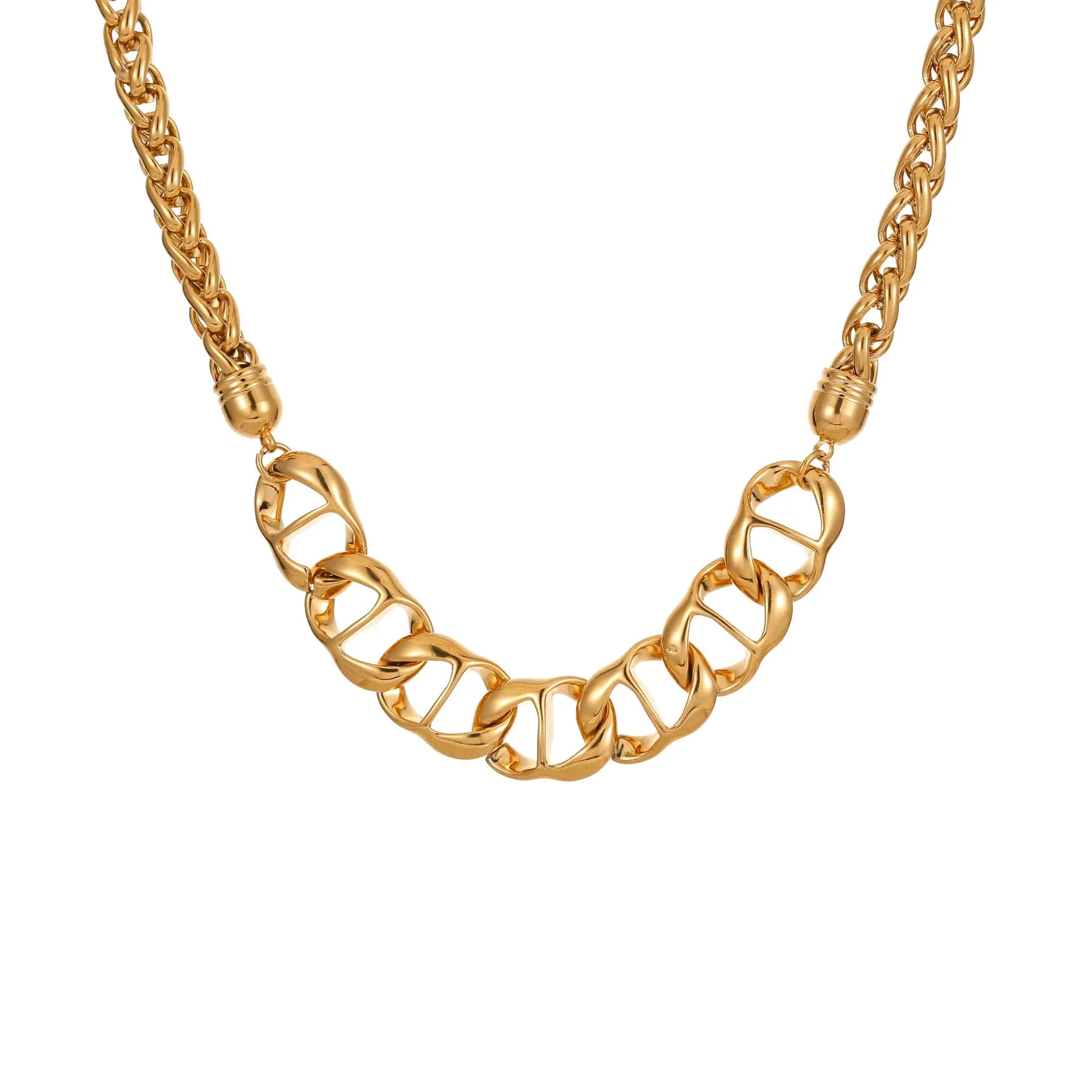 Gold plated stainless steel necklace with geometric pendant and regular chain for women