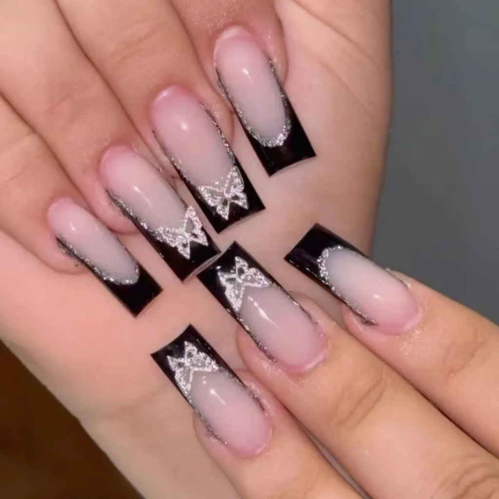 French style medium length artificial nails with butterfly glitter pattern BW50 false nails