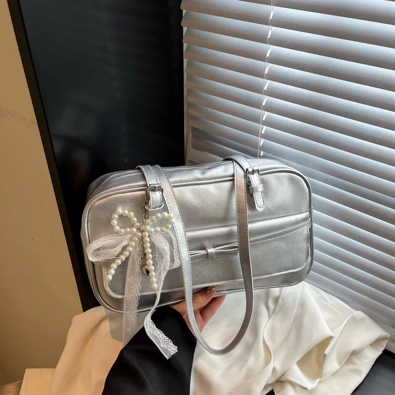 Women's horizontal square PU leather single-shoulder flap bag in a choice of colours with an optional silk scarf ornament.