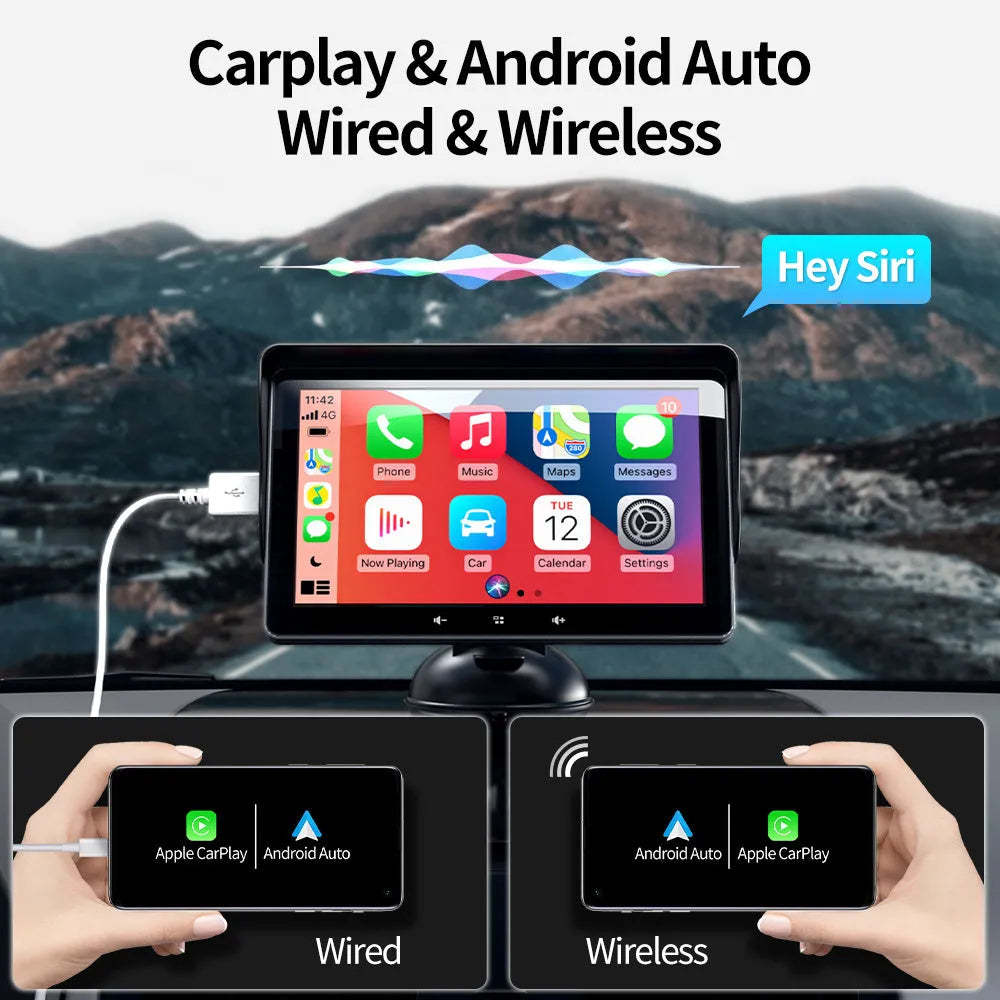 7 inch wireless CarPlay display with cigarette lighter interface and suction cup mount for universal car use