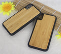 Woodgrain bamboo and black TPU hybrid case for iPhone, showing front and back views.