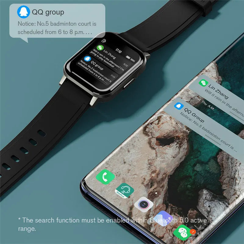 Black waterproof smart bracelet with 1.4-inch screen showing heart rate data on silicone strap.