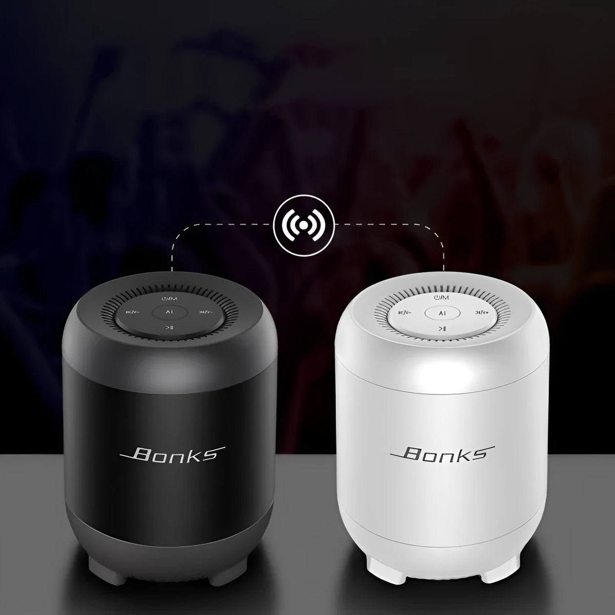 Black and white AI voice control Bluetooth speaker with button controls and USB port.