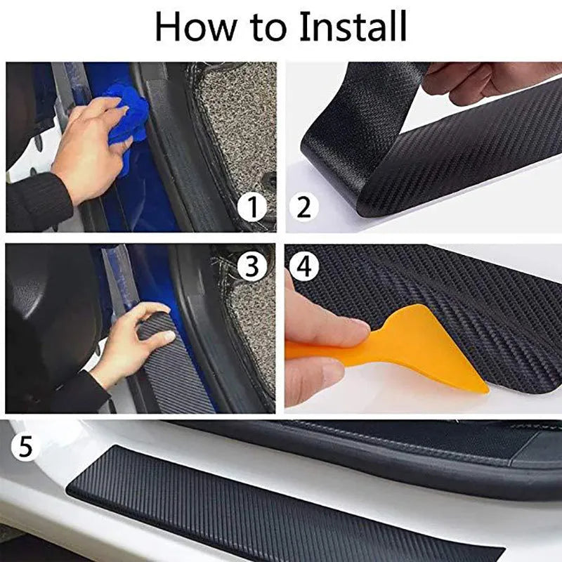 Matte 3D carbon fibre adhesive roll for car door sill protection in various widths.