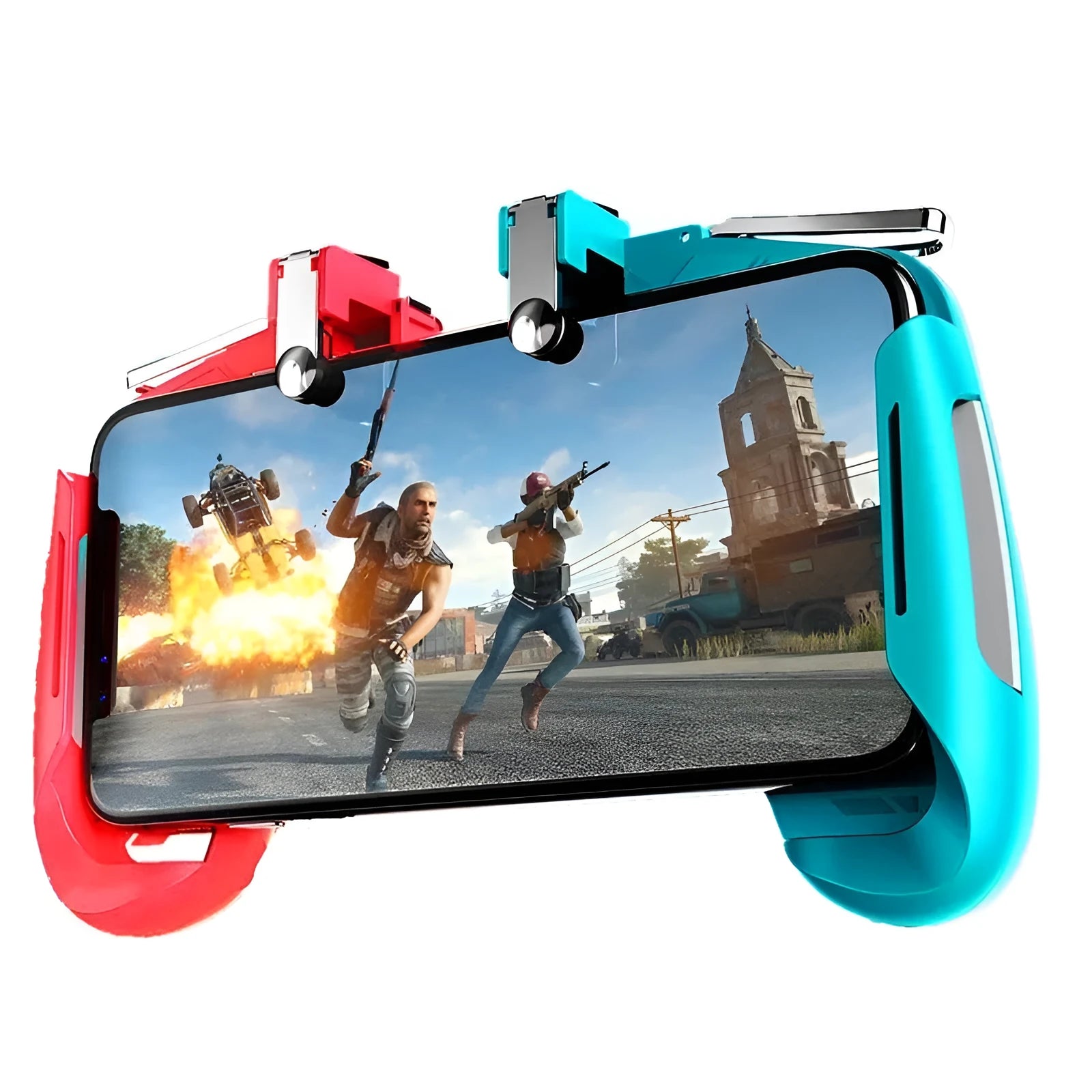 Adjustable mobile game controller handle showing telescopic arm extended with smartphone inserted