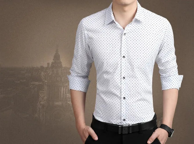 Men's long sleeve polka dot shirt in navy blue, slim fit, sizes M-5XL, with shoulder and bust measurements shown.