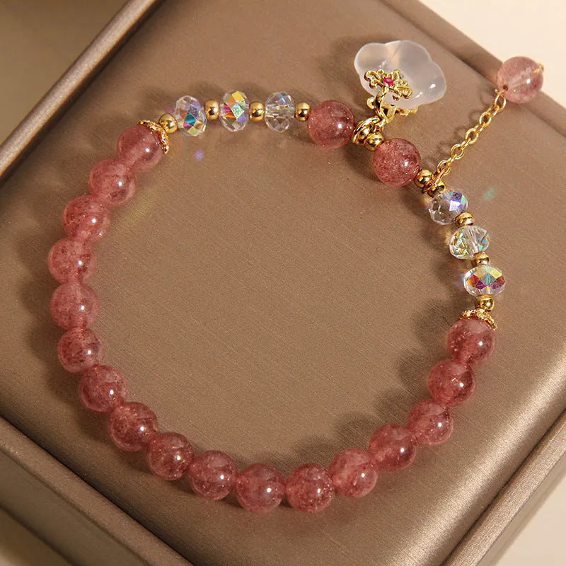 Women's adjustable strawberry quartz crystal bracelet with white agate stones and auspicious cloud charm