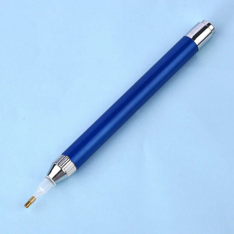 Aluminium alloy luminous single-head diamond painting drill pen in blue, gold, or red colours.