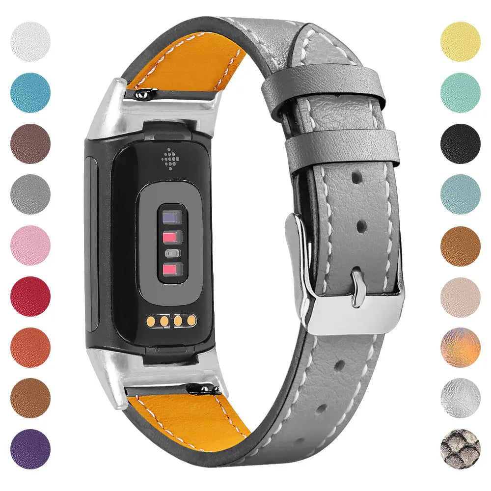 Genuine cowhide leather replacement strap with buckle clasp for Fitbit Charge 5 and Charge 6 smartwatches.