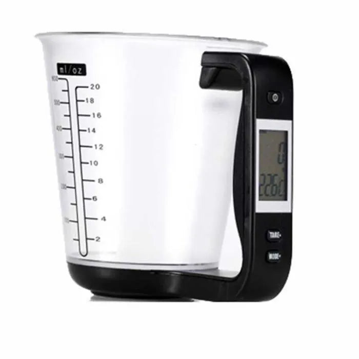 Green digital kitchen measuring cup with integrated LCD display showing weight and temperature measurements