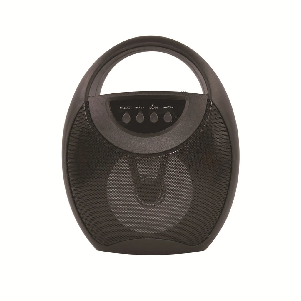 Black, blue, or pink portable Bluetooth speaker with USB port and 6-hour battery.