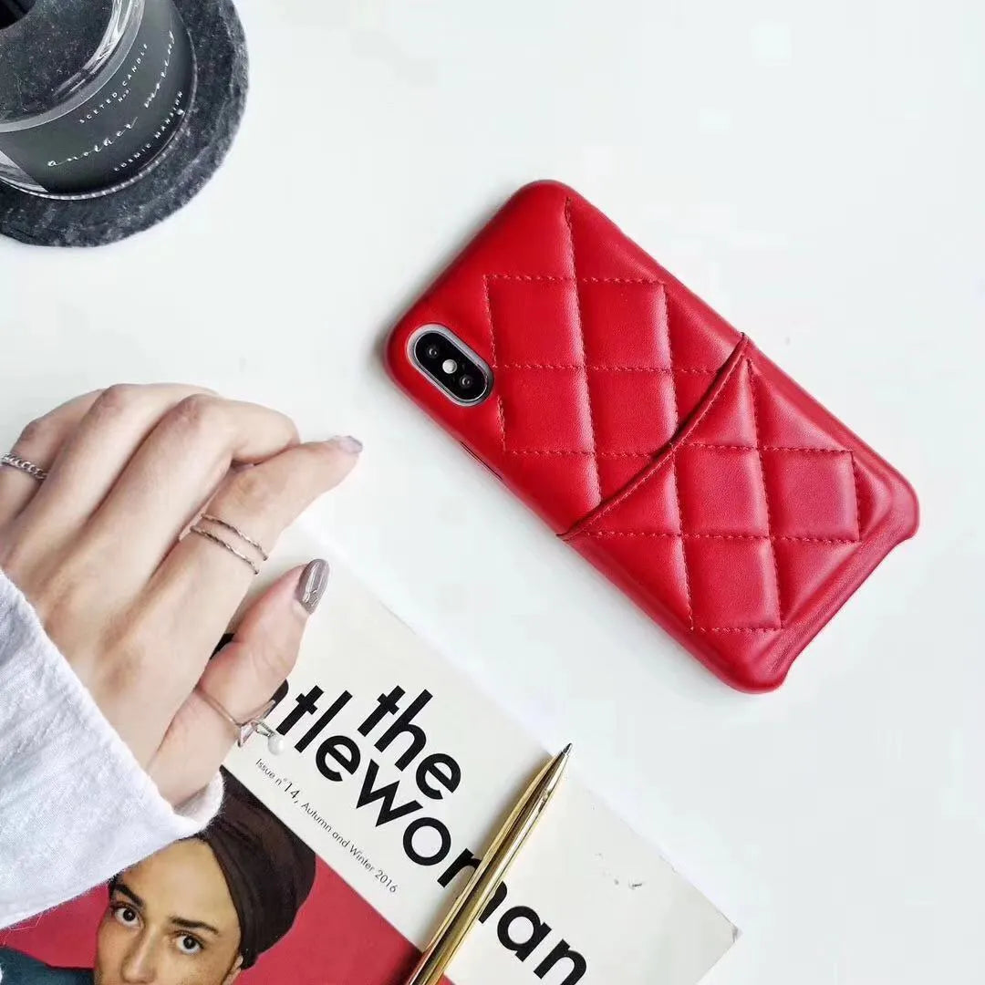 Leather iPhone case shown in black, pink, and red, compatible with XS Max, XR, X, 8, 7, and 6 models.