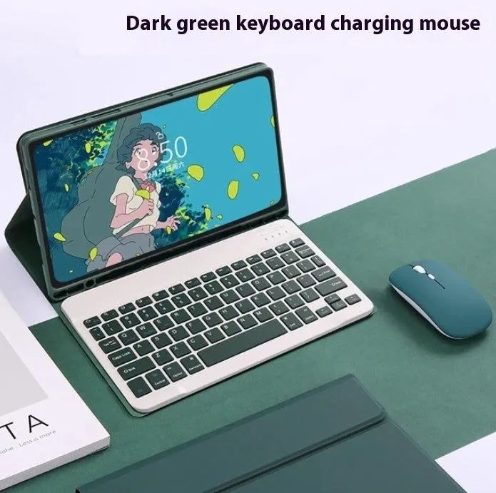 Bluetooth keyboard and charging mouse inside a soft TPU leather-look case for Samsung tablet