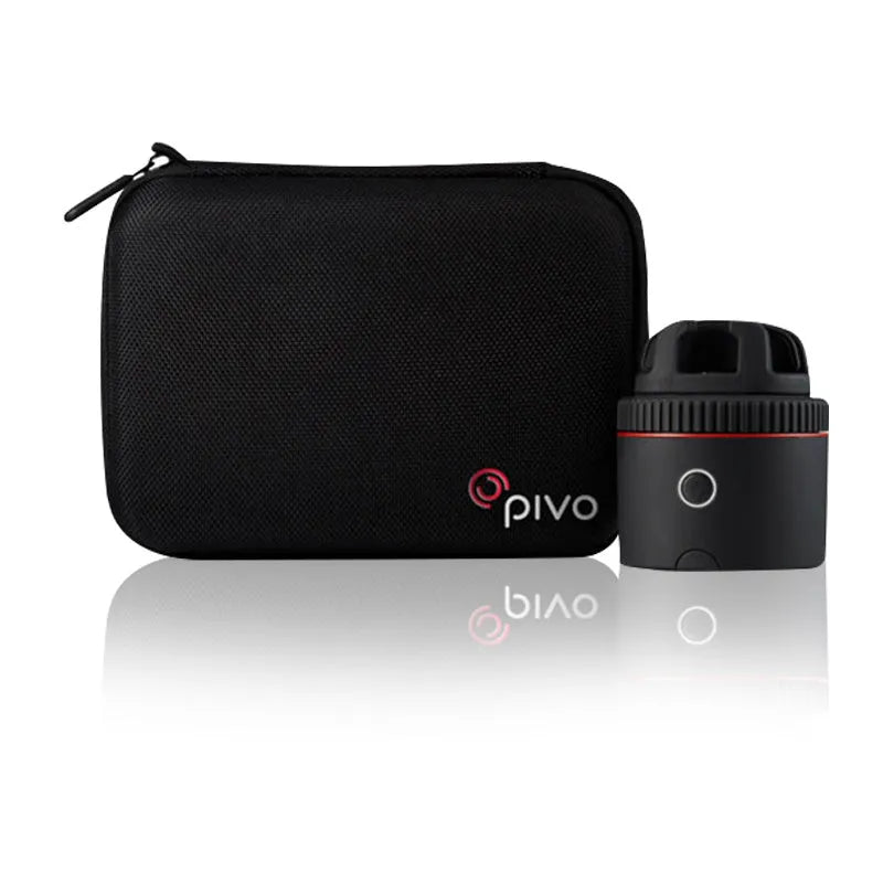 Matte black PIVO facial tracking camera rotating a smartphone on a table.