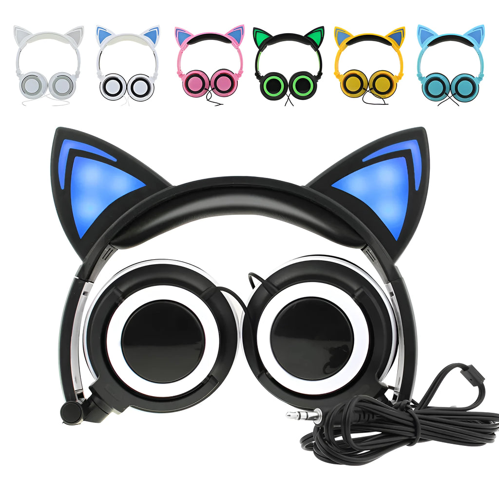 LED light-up cat ear headphones on a white background, showing black colour variant with illuminated ears.
