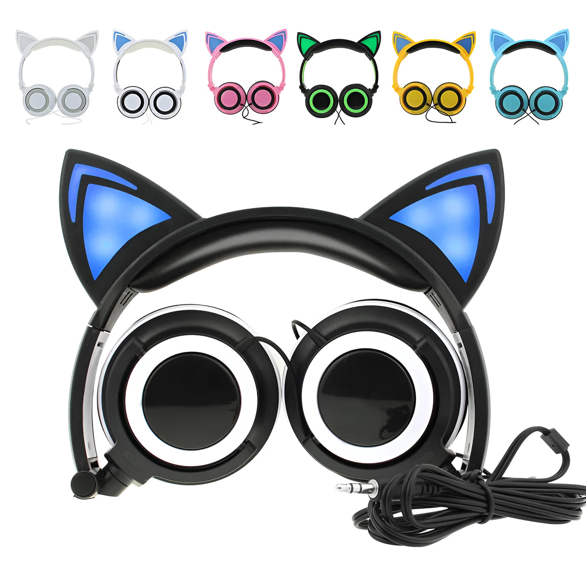 LED light-up cat ear headphones on a white background, showing black colour variant with illuminated ears.