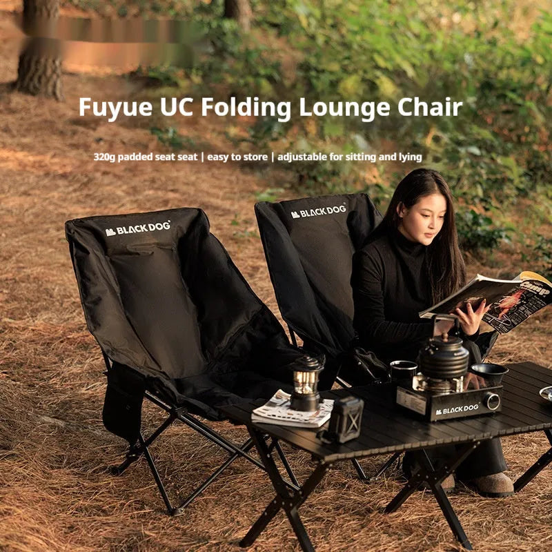 Night black Oxford cloth folding moon chair with thickened padding shown in folded and open positions