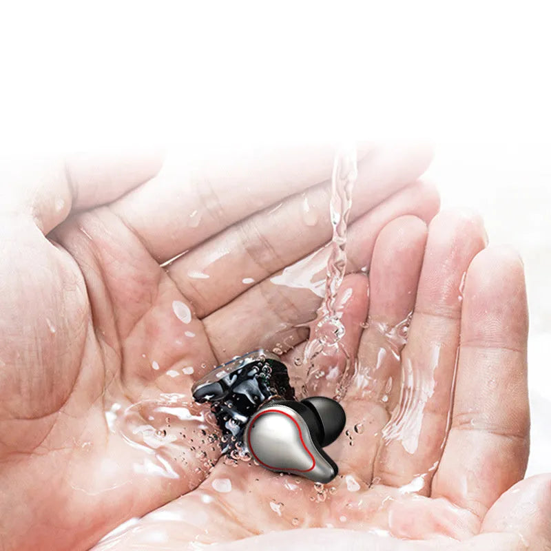 Black and blue Bluetooth wireless in-ear headphones showing earplug design and bilateral stereo configuration