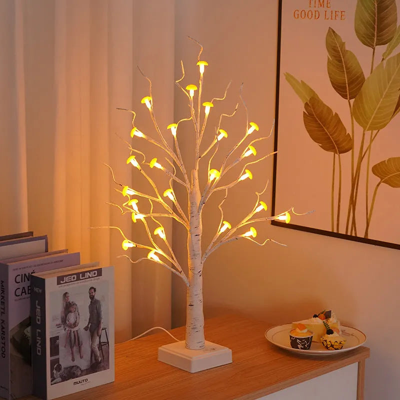 60 cm tall white mushroom tree lamp with warm LED lights and 24 small removable mushroom flowers