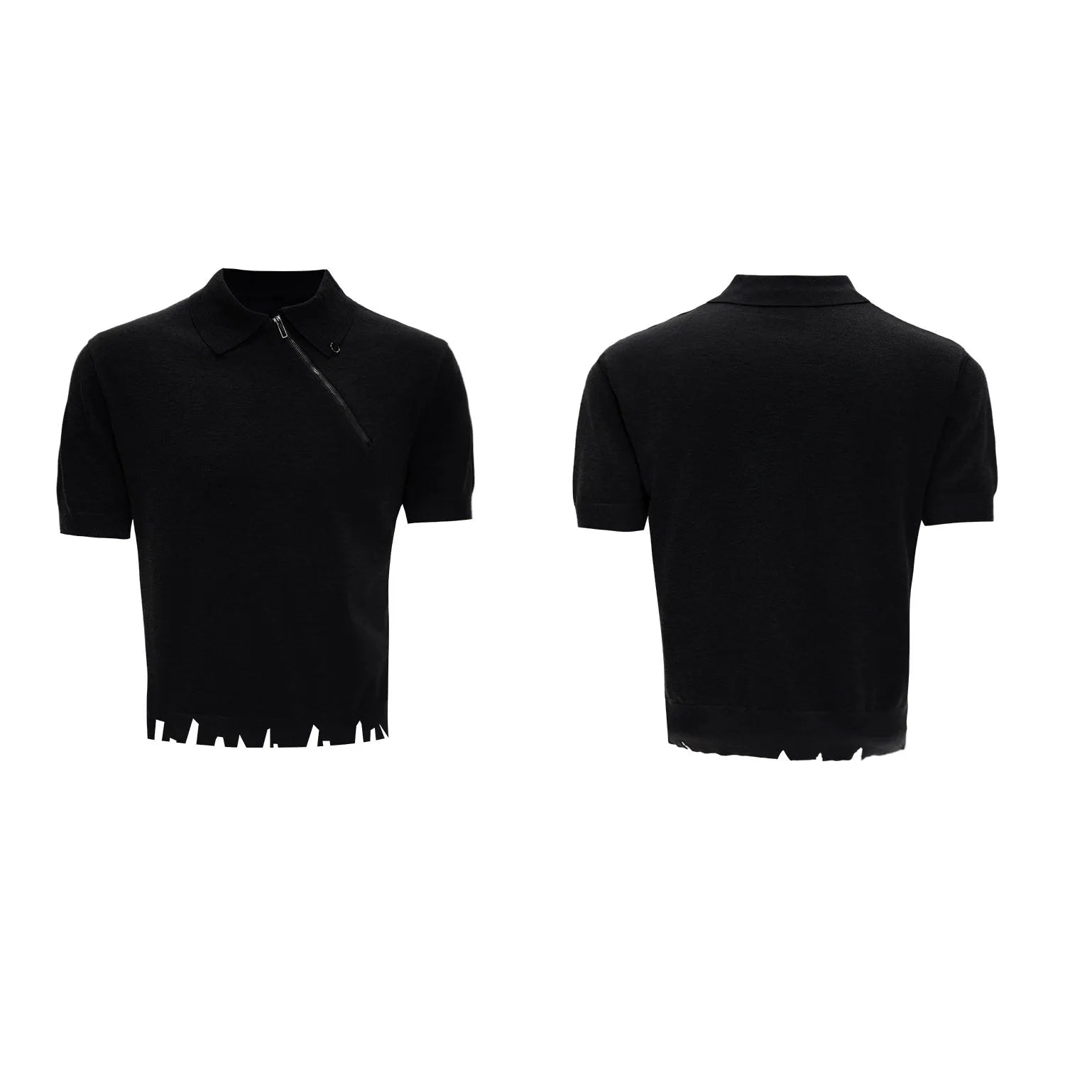 Men's black slim-fit knitted polo shirt with oblique zipper and lapel collar
