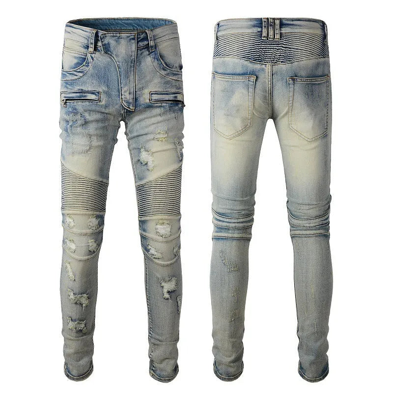 Light blue men's distressed slim fit jeans with hand-frayed details and stretch cotton denim fabric