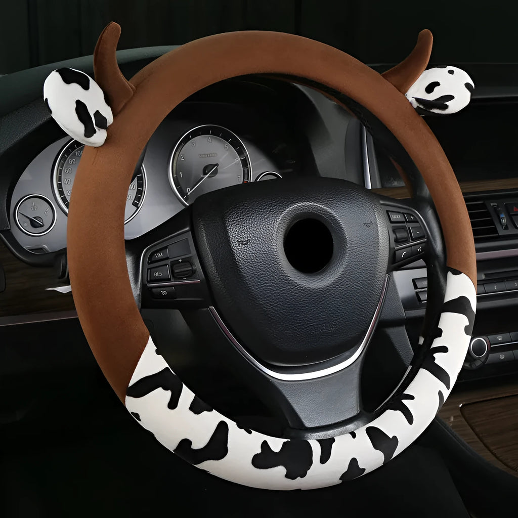 Short plush car steering wheel cover with protective handle in black colour