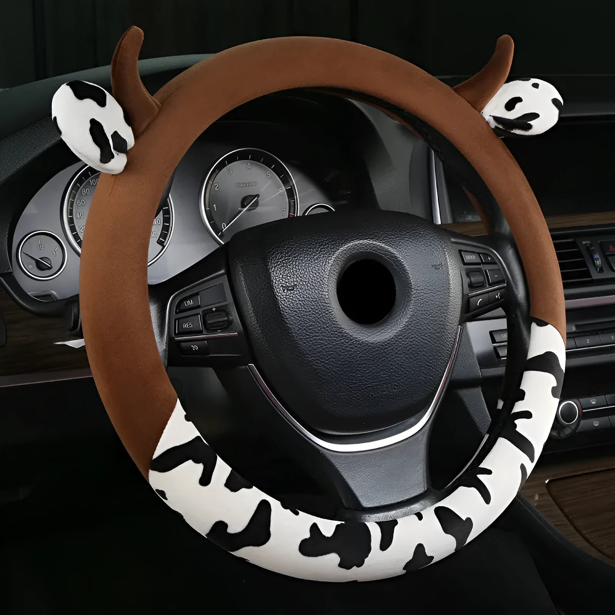 Short plush car steering wheel cover with protective handle in black colour
