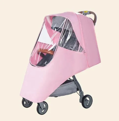 Universal waterproof baby stroller rain cover in pink, blue, or grey cationic linen.