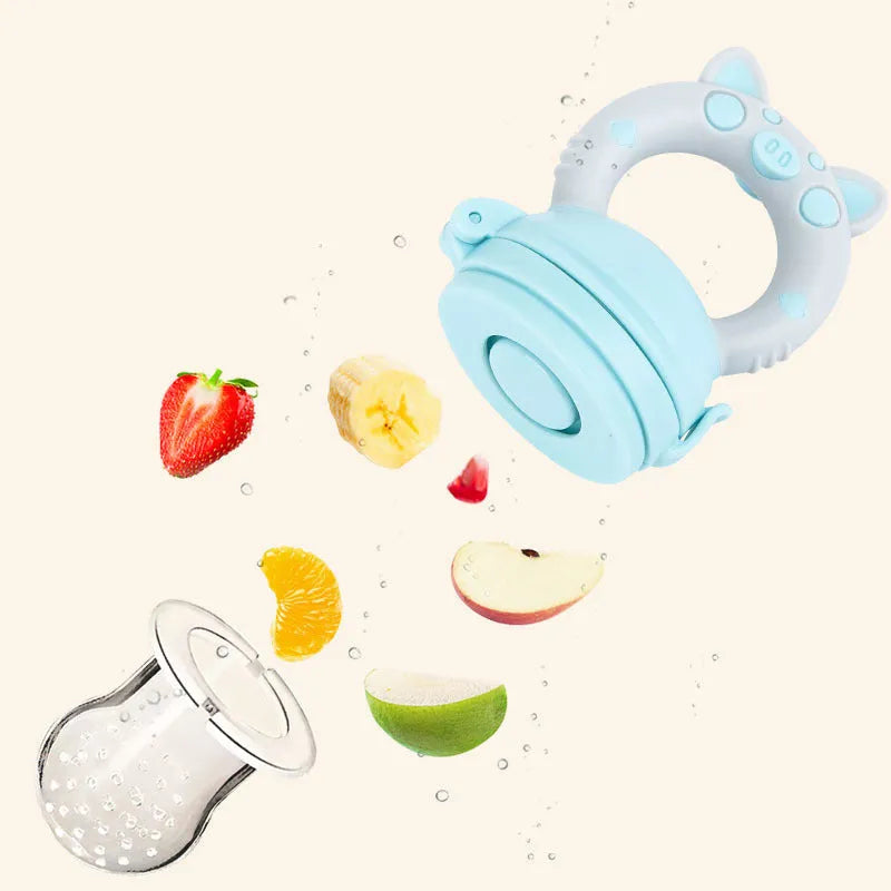 Silicone baby teether in blue, green, or pink colours with multiple mouthpiece options for infant chewing relief