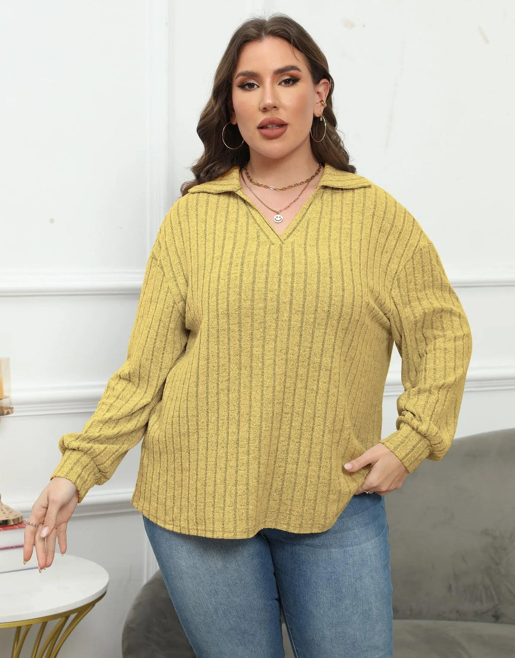 Women's plus size polo collar pullover shirt in melange grey polar fleece with lantern sleeves
