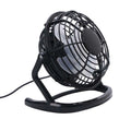 Mini black USB desk fan with adjustable angle on wooden desk next to laptop