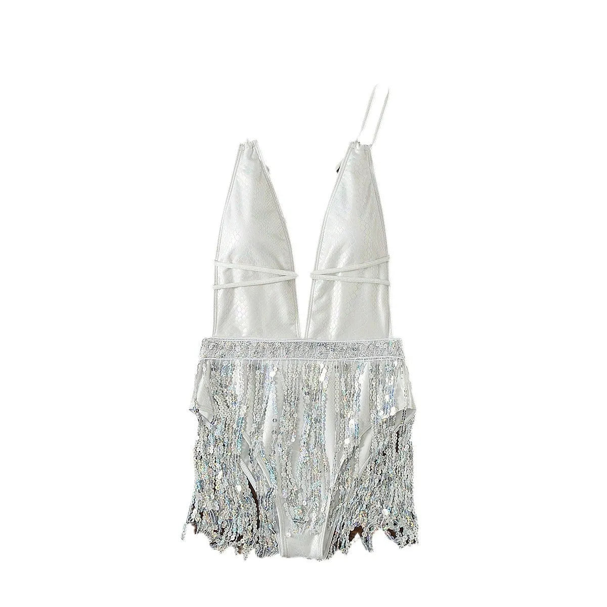 White women's one-piece swimsuit with deep V-neck and tassel detail on a brief cut.