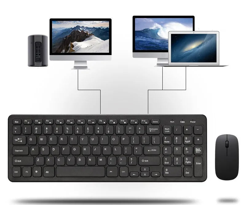 Black wireless keyboard and mouse set with compact 96-key layout and USB receiver on a wooden desk.