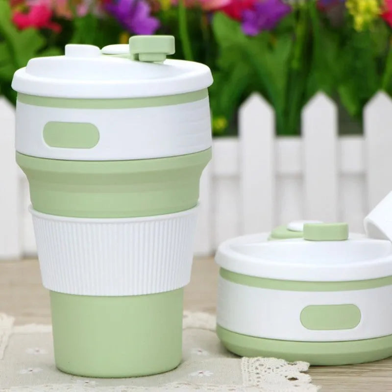 Collapsible silicone travel mug showing folded and expanded states with leak-proof cover