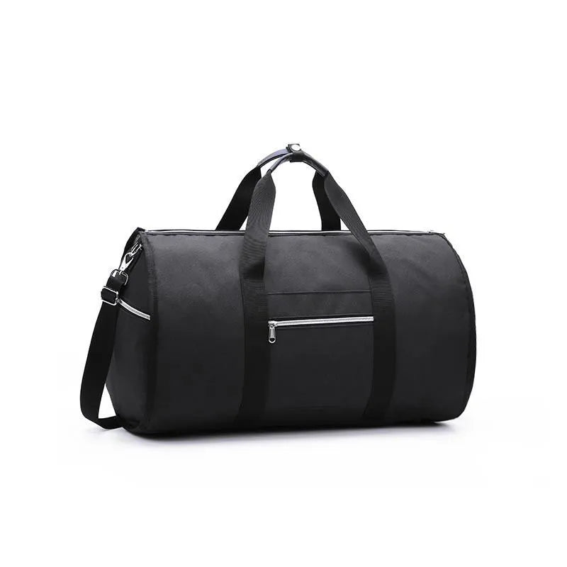 Cylinder-shaped travel bag in red, light grey, blue, or black with a zipper opening and Oxford cloth material.