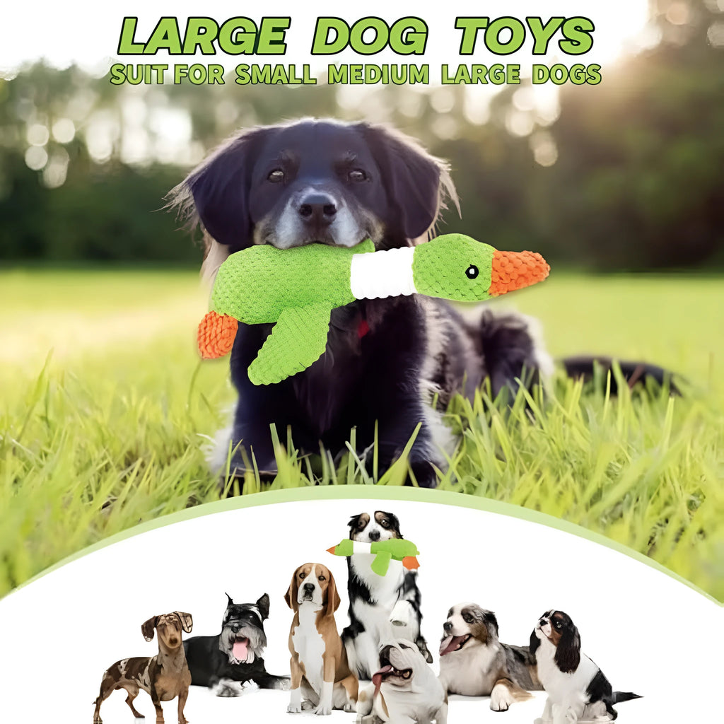 Blue duck-shaped dog plush toy with squeakers for chewing and interactive play