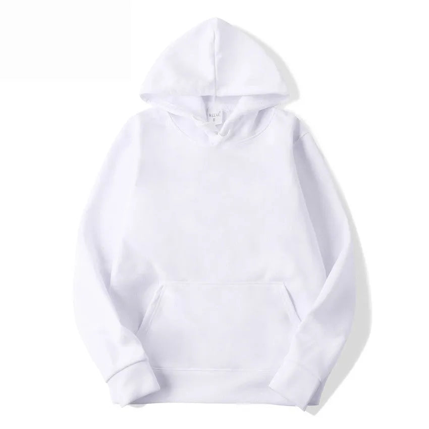 A solid colour cotton blend pullover hoodie for men and women with long sleeves and a hood.