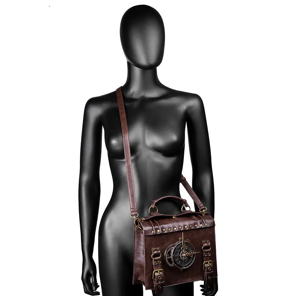 Bronze steampunk industrial retro style shoulder bag with pillow shape and metal hardware accents