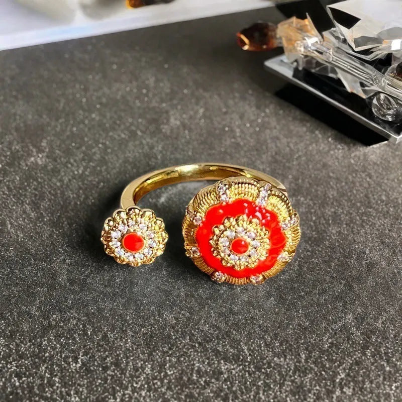 Copper gourd shaped ring with inlaid zircon and adjustable band in New Chinese style