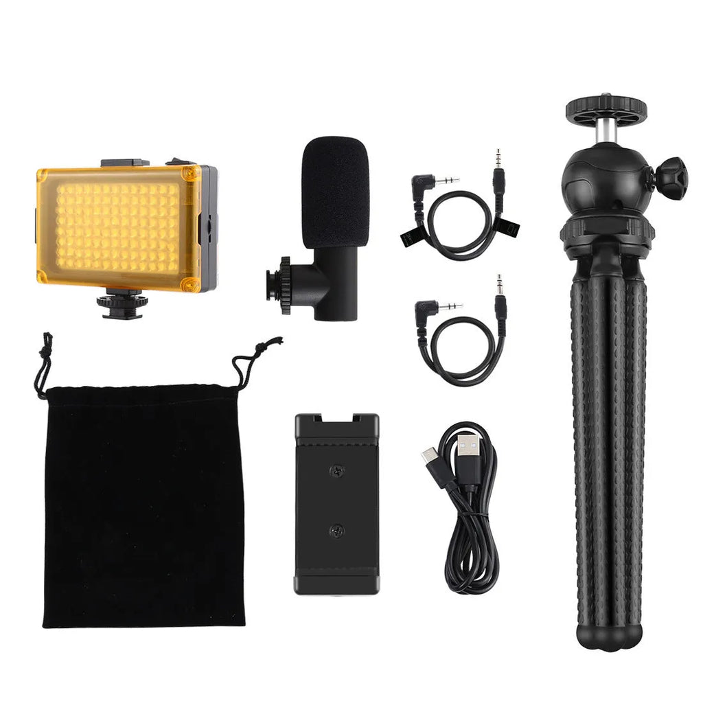 Black octopus-style flexible tripod with LED fill light and microphone for iPhone live streaming