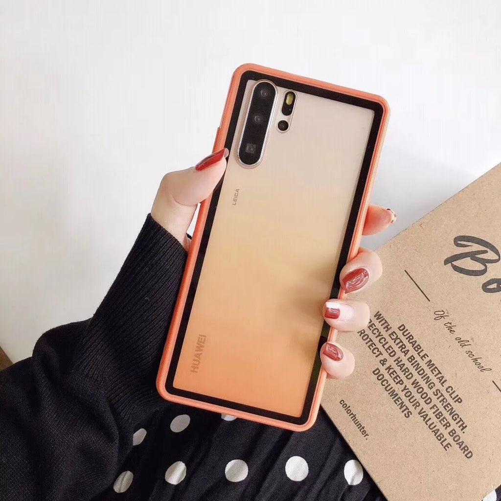 Huawei phone case in TPU and PC materials showing black, green, orange, and pink colour options