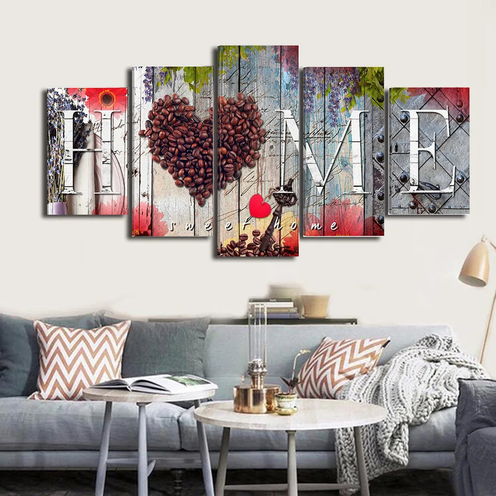 Set of five red oil painting texture canvases in different sizes for home wall decoration