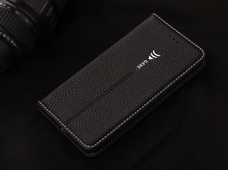 PU leather wallet phone case for iPhone with card slots in black, blue, brown, khaki, or pink