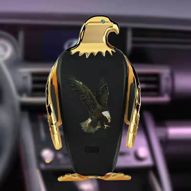 Eagle style car phone holder with wireless charging base and snap-on suction cup mount in black and gold colour.