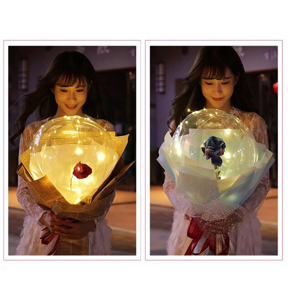 LED luminous transparent bobo balloon rose bouquet with artificial flowers and integrated lighting