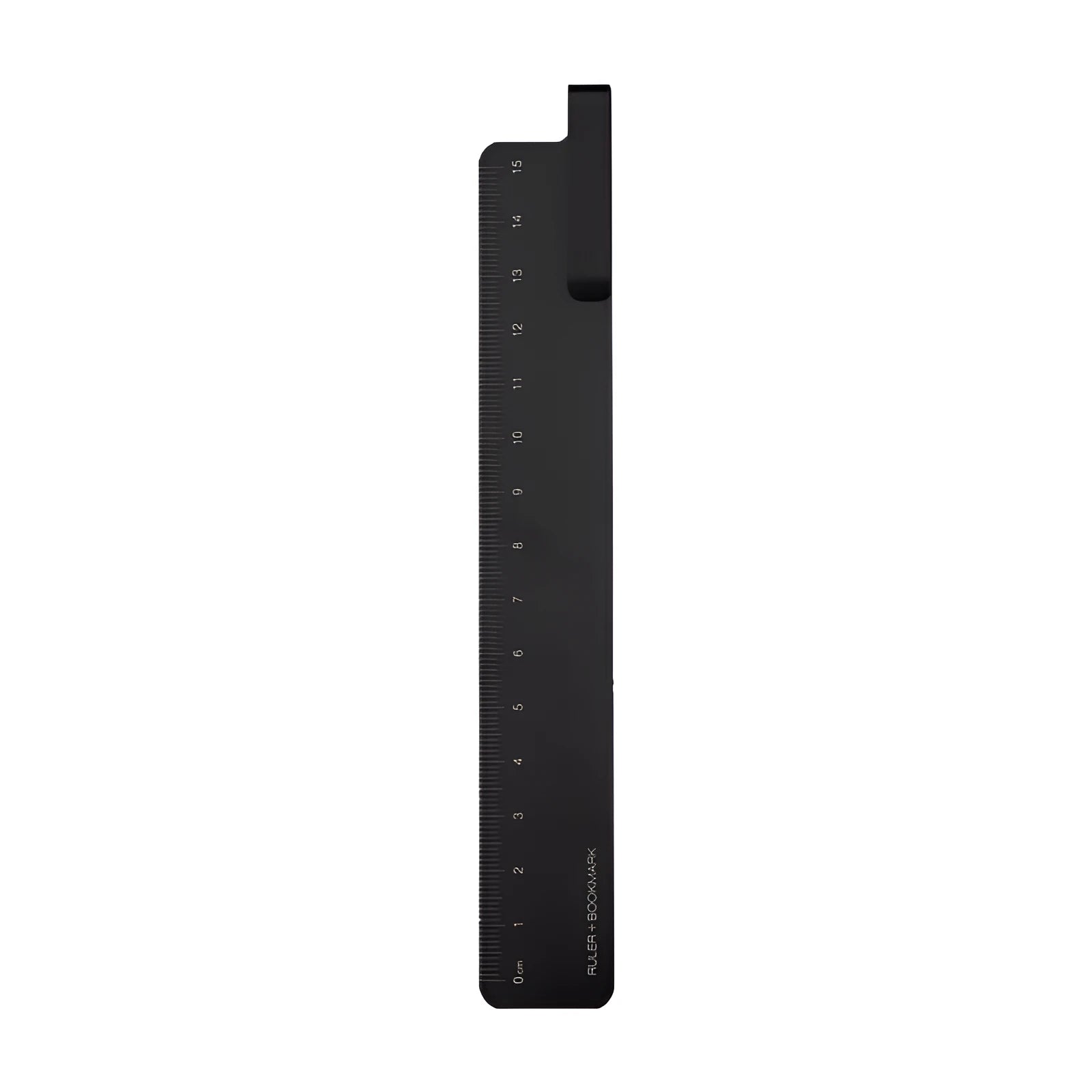 Black aluminium bookmark ruler with 15cm laser-engraved scale markings