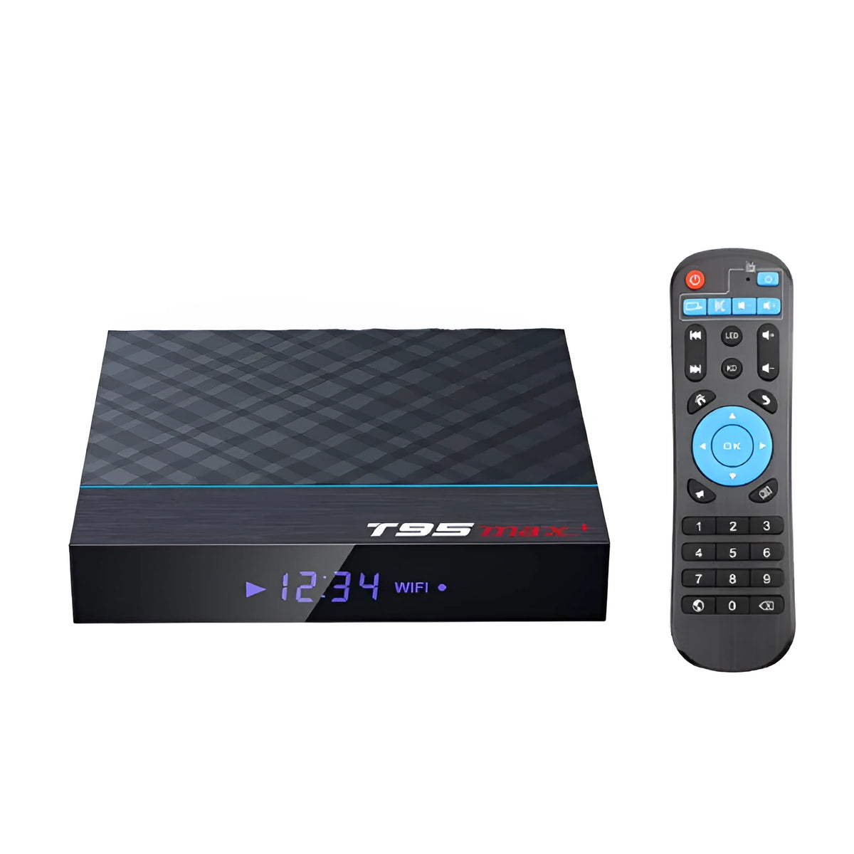 Black T95 Max Plus Android TV box with remote control on a wooden surface.