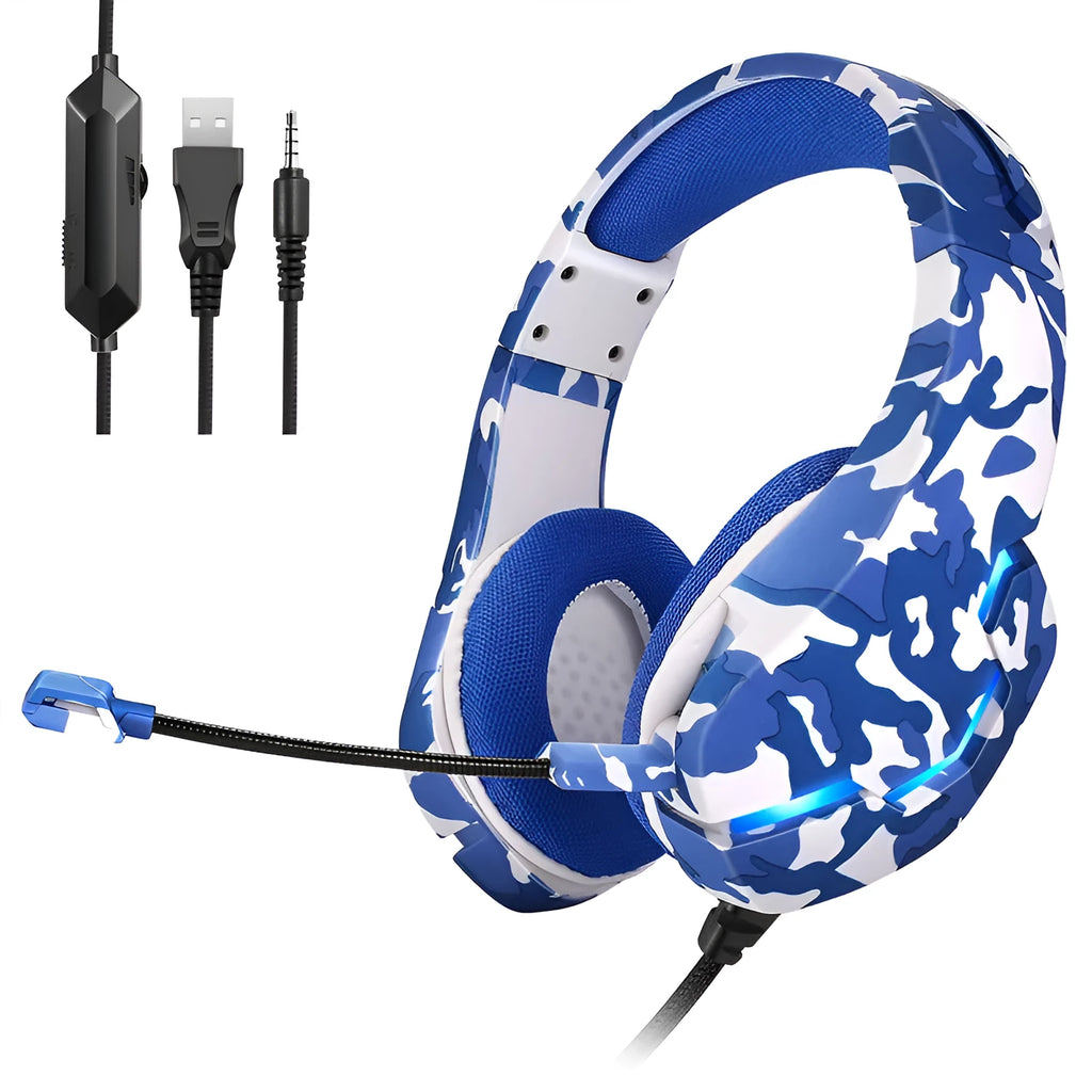 Wired gaming headset with camouflage blue colour, cloth earmuffs and braided cable