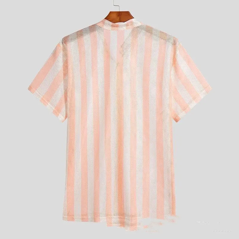 Men's pink loose fit summer shirt with waffle texture fabric and short sleeves