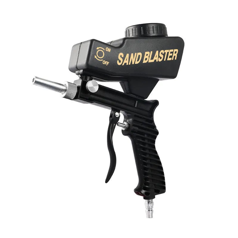 Pneumatic sandblasting gun with a large top-mounted tank, shown in black or blue.